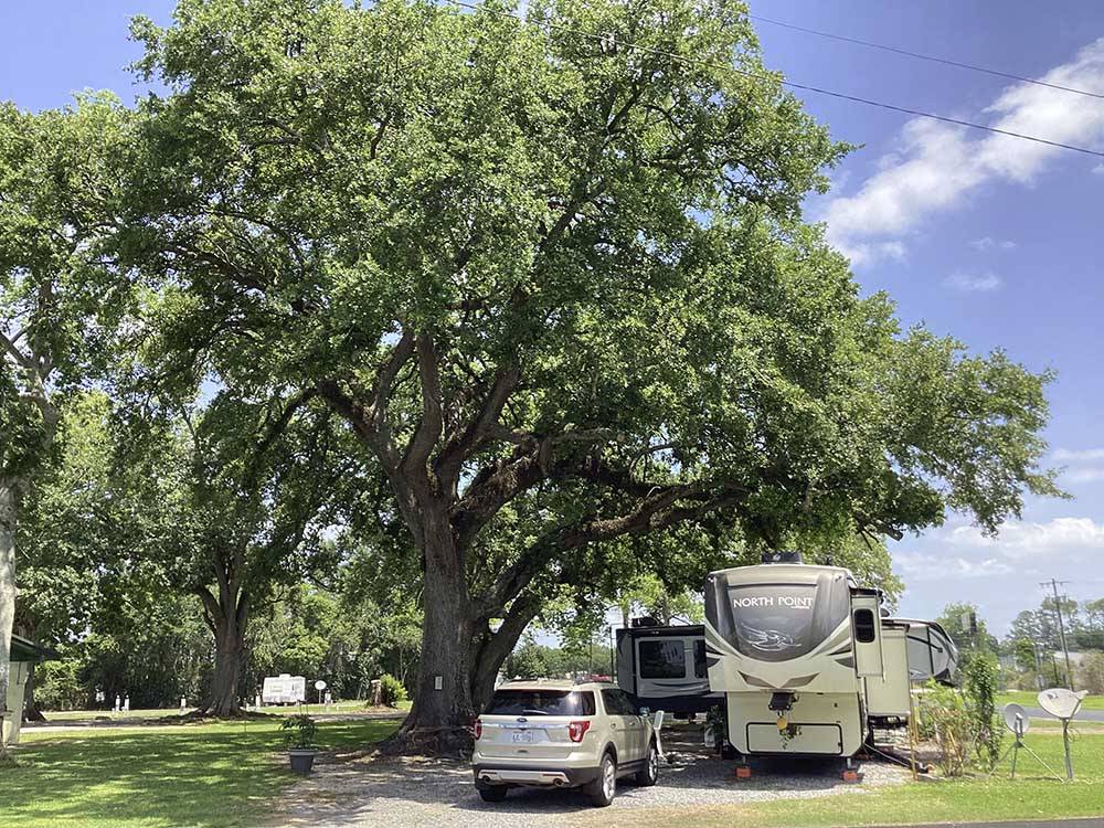 A fifth wheel trailer under a tree at KOC KAMPGROUND
