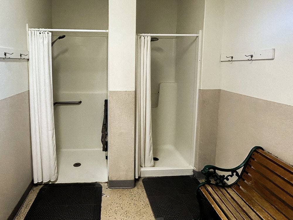 Two shower stalls at Klamath Ranch Resort / Blue Heron RV Park