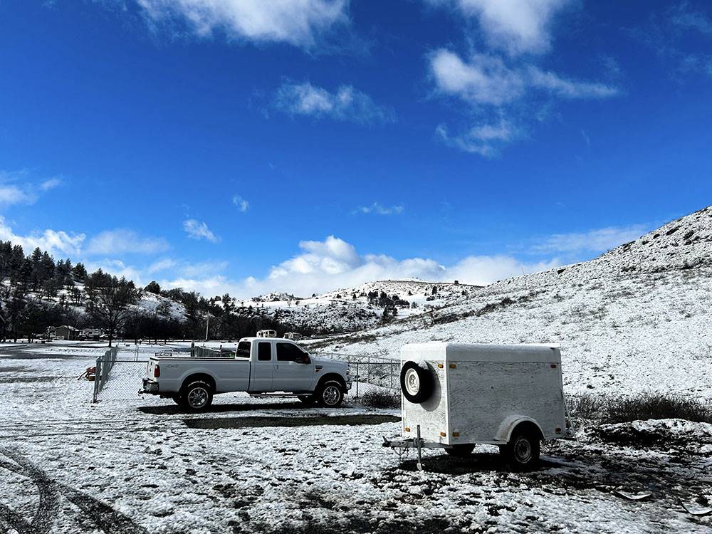 Snow covered RV sites at Klamath Ranch Resort / Blue Heron RV Park