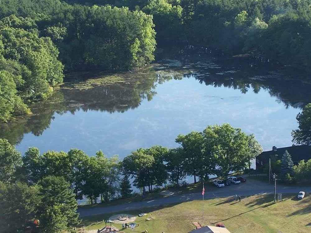 An aerial view of the lake at WAUBEEKA FAMILY CAMPGROUND