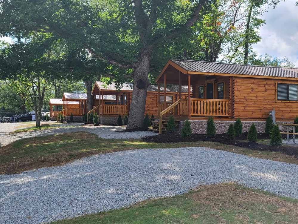 A row of rustic rental cabins at WAUBEEKA FAMILY CAMPGROUND