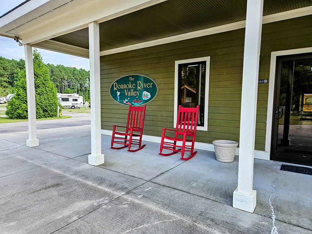 Rocking chairs outside the office at The RV Resort at Carolina Crossroads