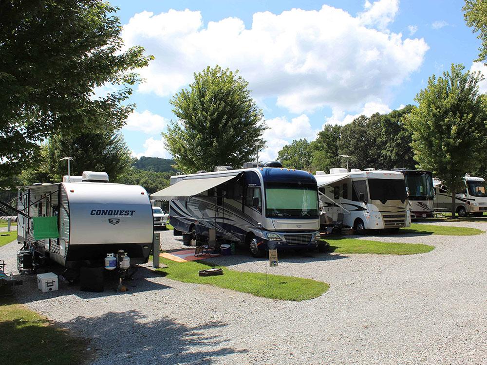 Row of RVs parked at sites at MOUNTAIN GLEN RV PARK & CAMPGROUND