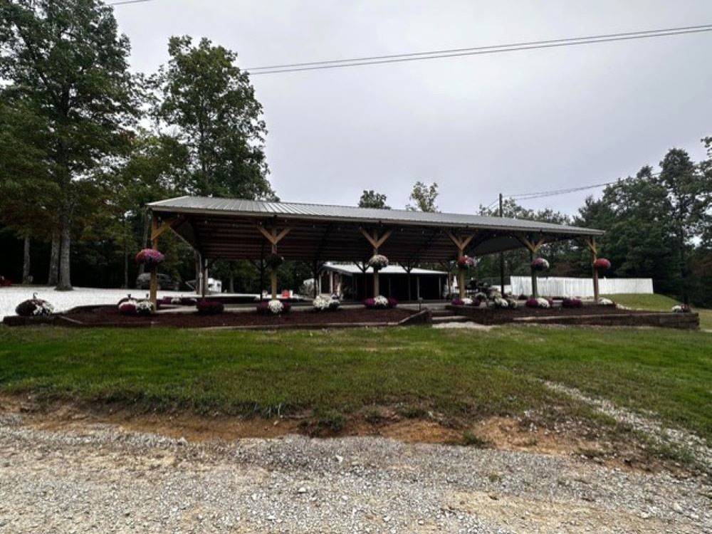 The pavilion with hanging floral baskets