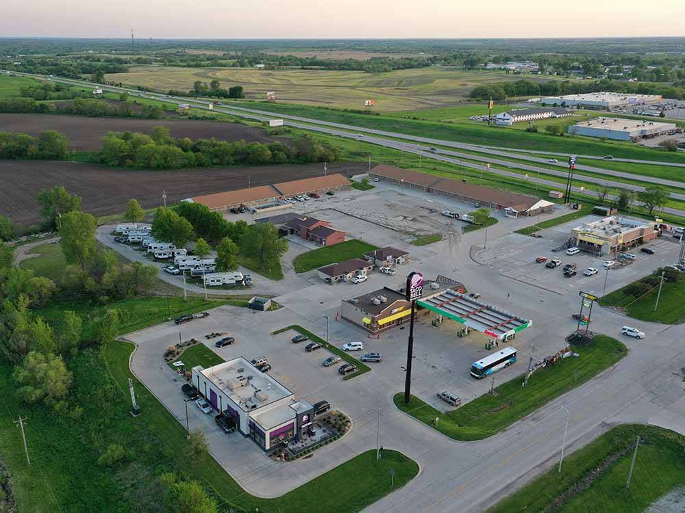 Aerial view of Taco Bell and gas station nearby at QUAIL RIDGE RV PARK