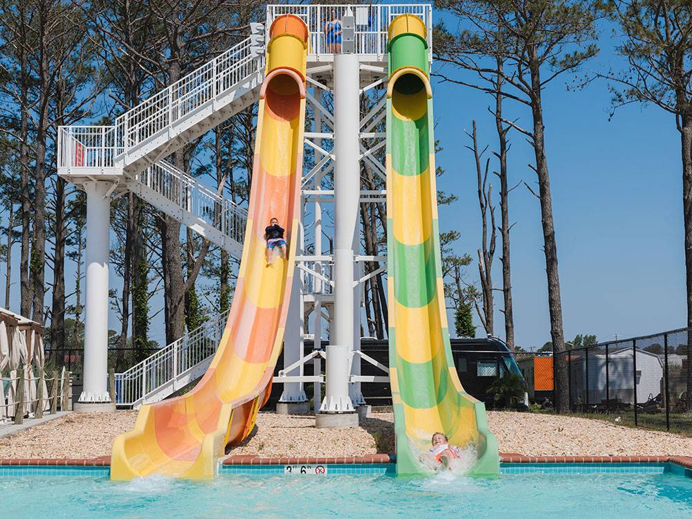 Waterslides into a pool at JELLYSTONE PARK CHINCOTEAGUE ISLAND