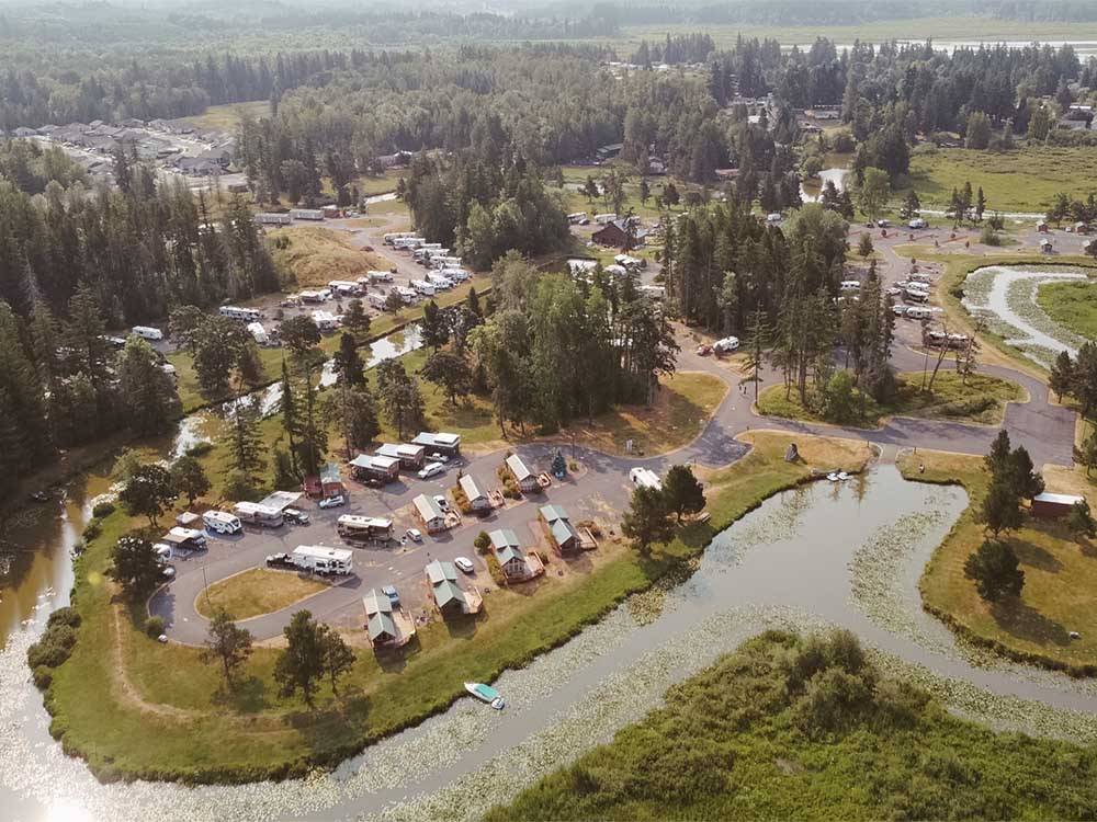 An aerial view of the campsites and waterways at SILVER COVE RV RESORT