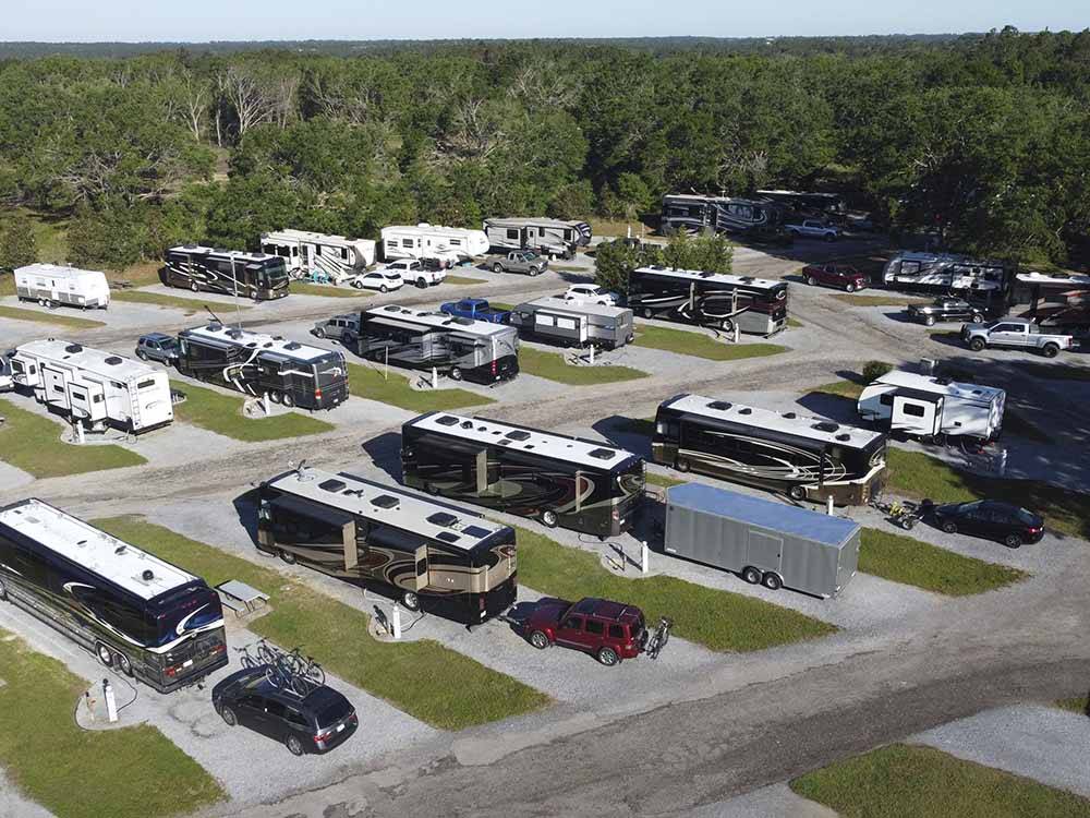 An aerial view of the pull thru RV sites at PENSACOLA RV PARK