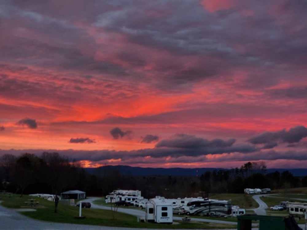 An aerial view of the campsites at dusk at MAYBERRY CAMPGROUND