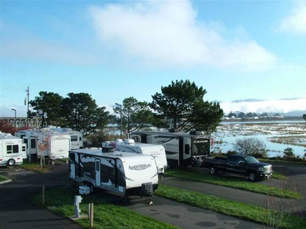 An aerial view of some of the RV sites at SHORELINE RV PARK