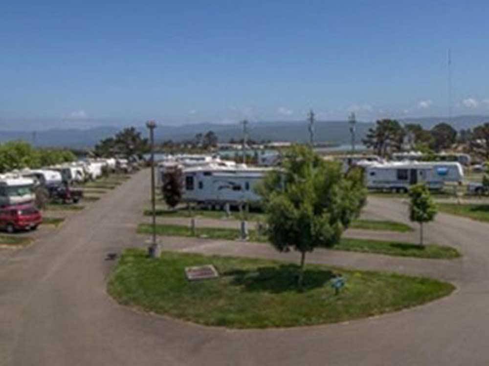 An aerial view of the pull thru RV sites at SHORELINE RV PARK