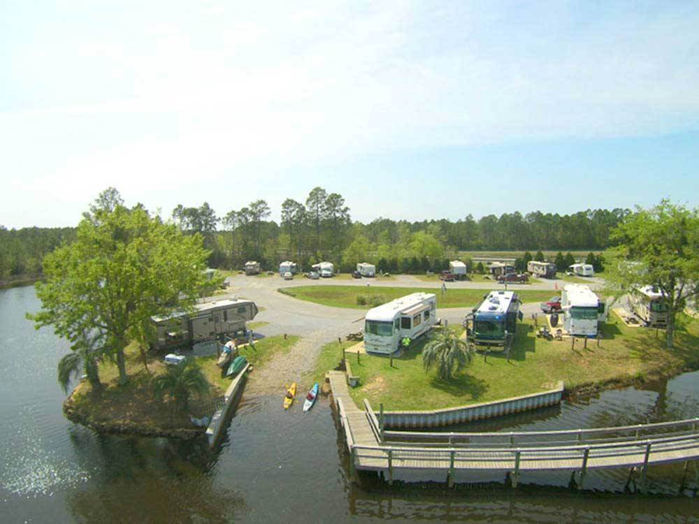 Aerial view of waterfront RV sites at AVALON LANDING RV PARK