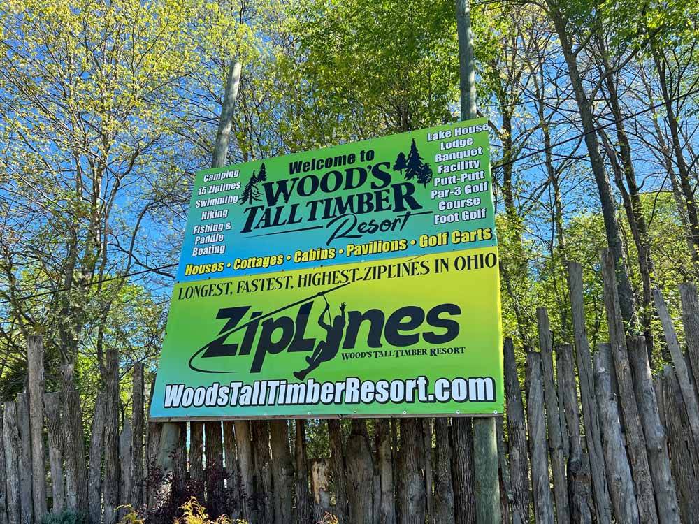 The front entrance sign at WOOD'S TALL TIMBER RESORT