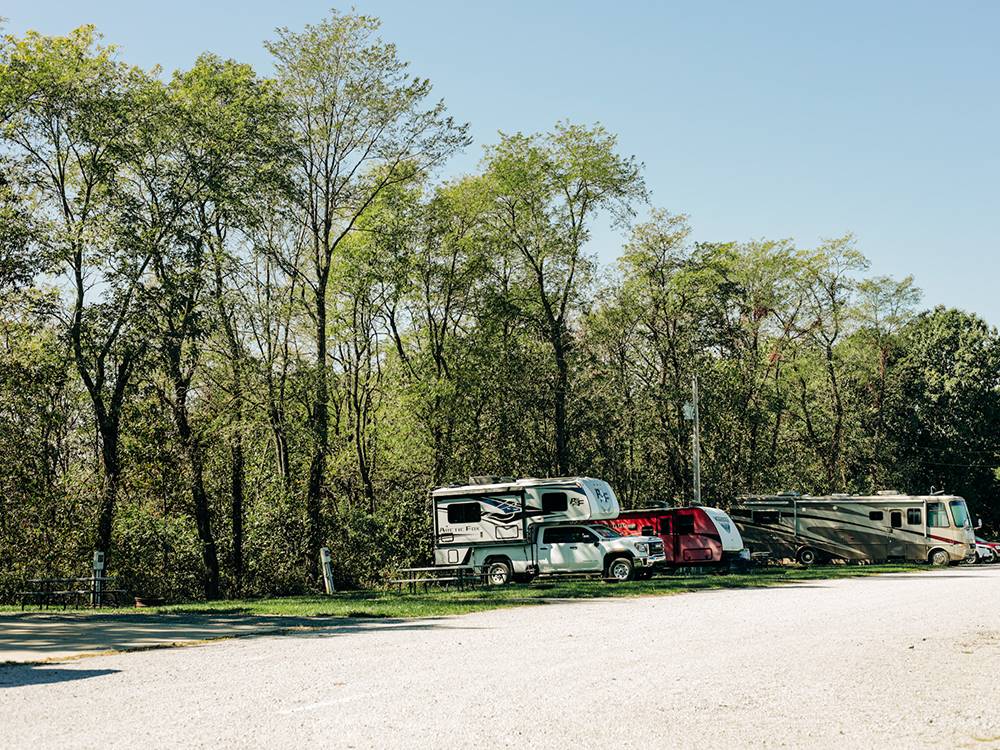 RVs in tree lined sites at Timbercrest Camp and RV Park