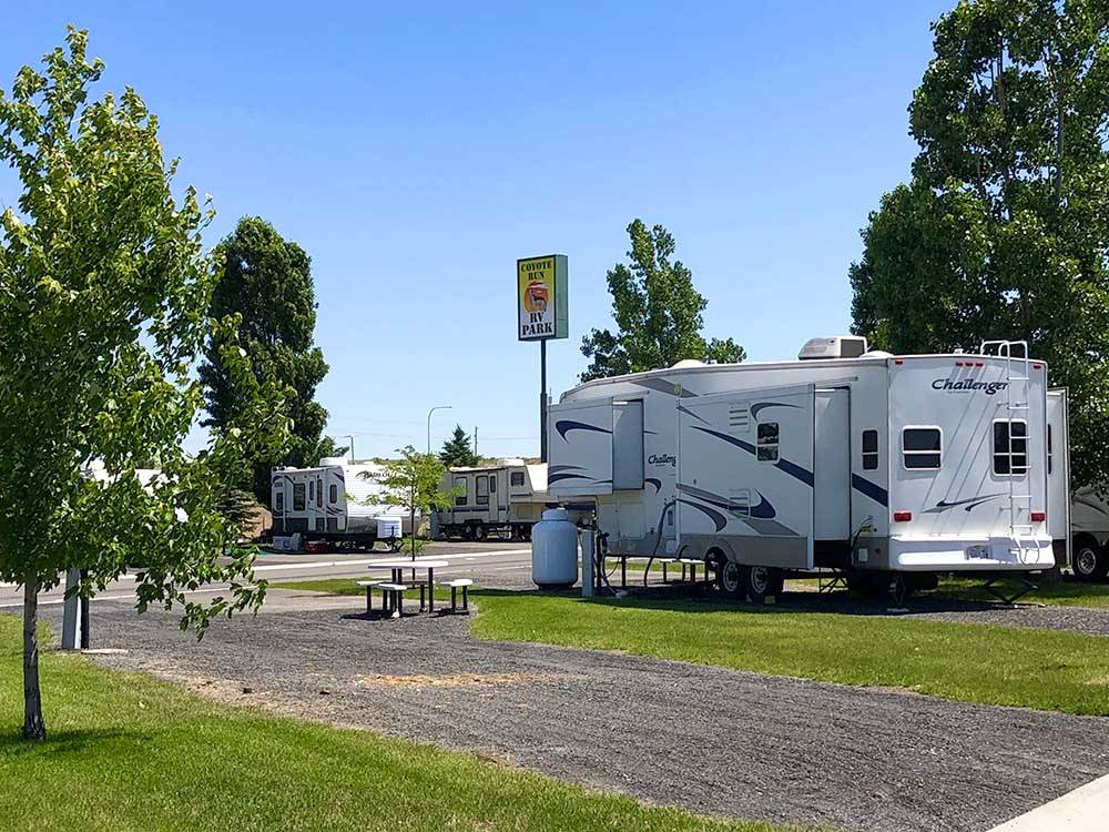 One of the gravel pull thru RV sites at COYOTE RUN RV PARK