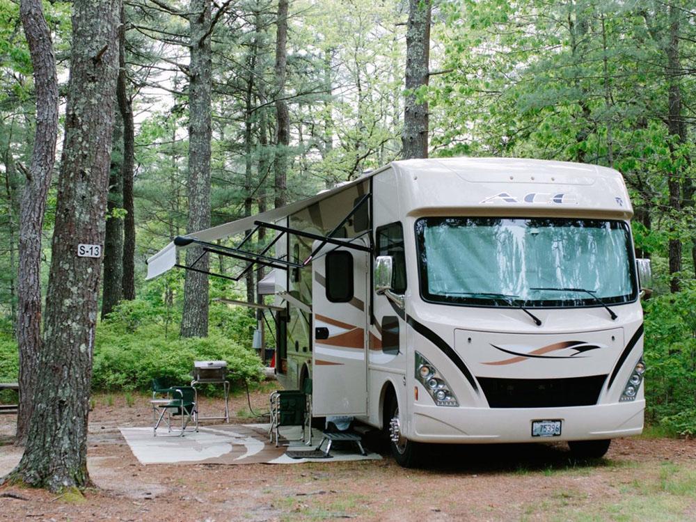 RV parked in tree lined sites at PINEWOOD LODGE CAMPGROUND