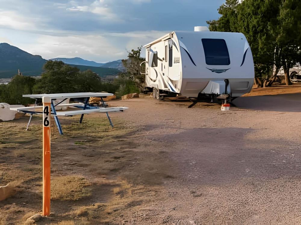 Parked trailer at site Royal Gorge RV Resort & Cabins