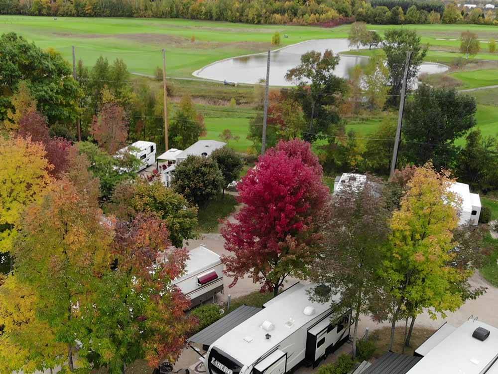 Aerial view of the RV sites and pond at HTR DOOR COUNTY