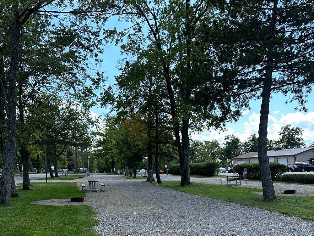 A gravel site with picnic table and fire ring