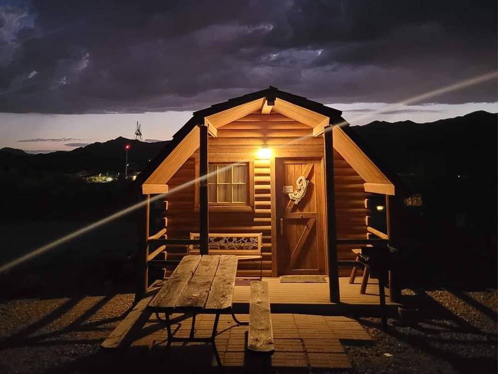 Rental cabin at night at Black Canyon Campground