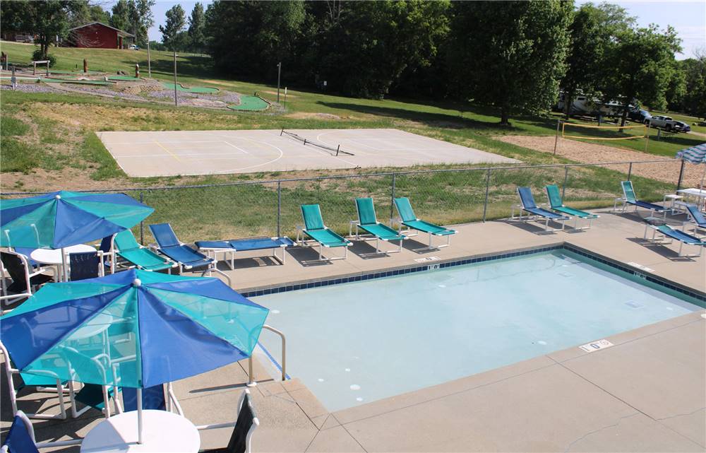 An aerial view of the pool area
