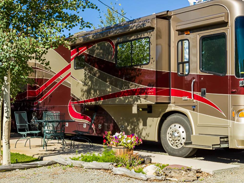 Red and brown RV at Mesa Campground