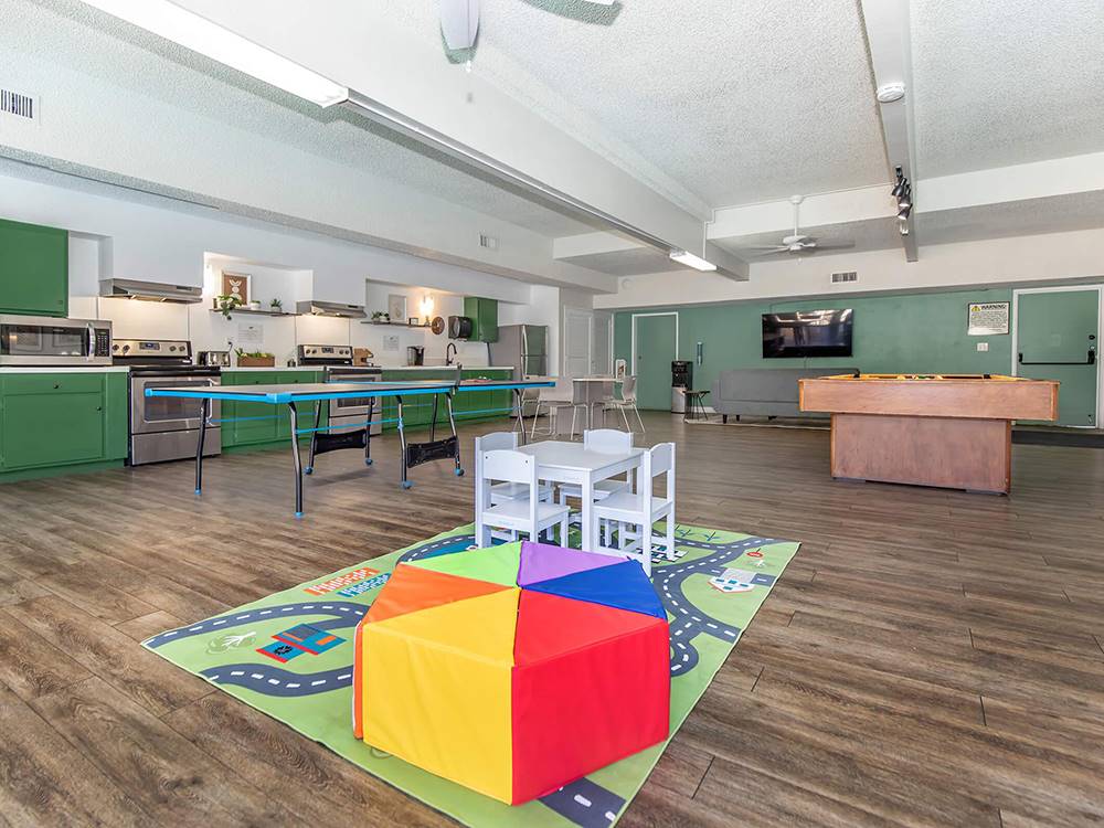 Kitchen and indoor recreation room