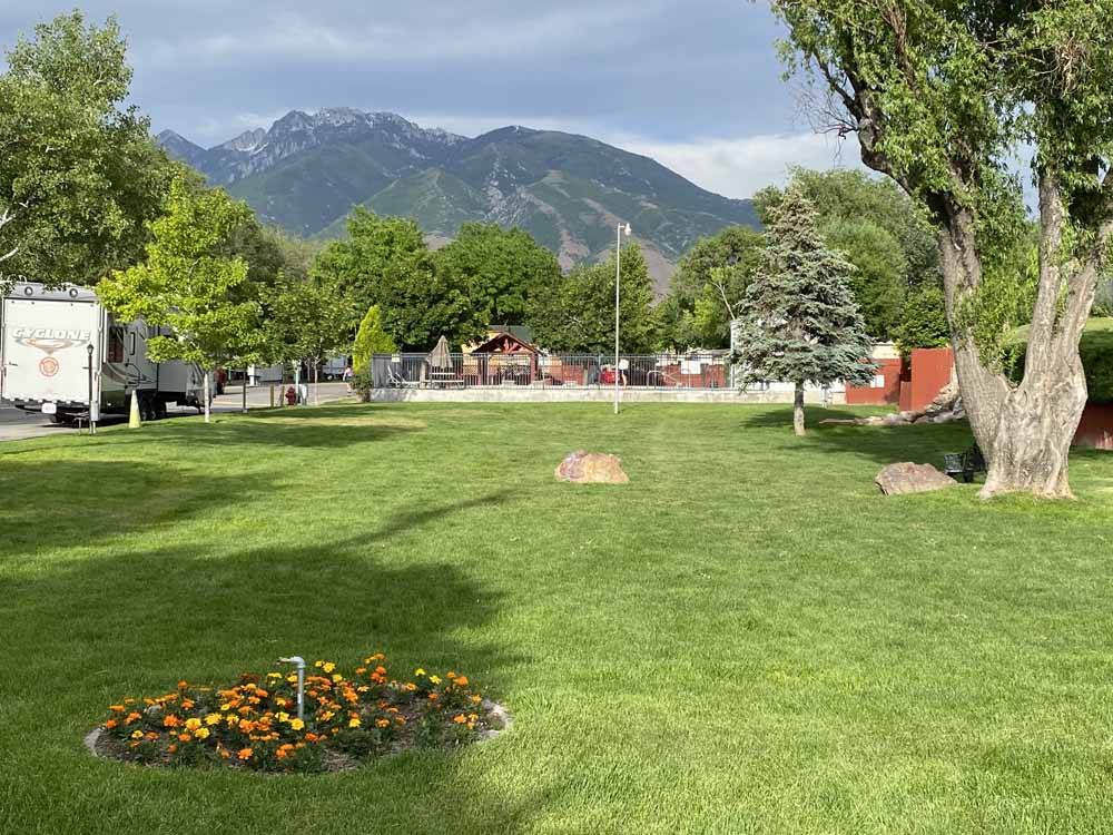 A large grass area with flowers at MOUNTAIN SHADOWS RV PARK & MHP