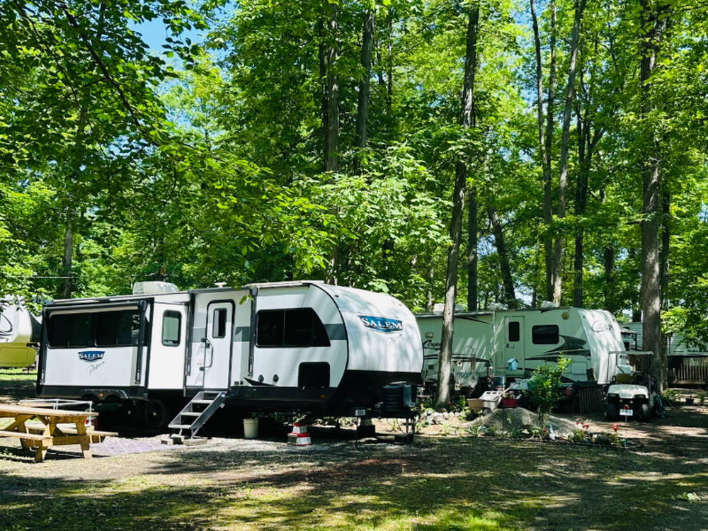 Trailer at site at Ridge Ranch Campground