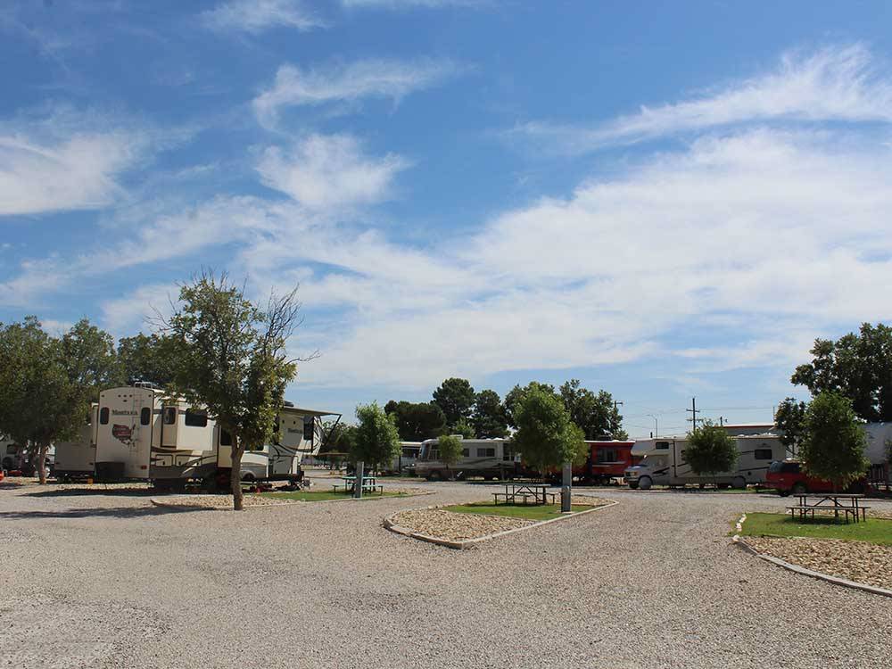 Two empty gravel RV sites with benches at CARLSBAD RV PARK & CAMPGROUND