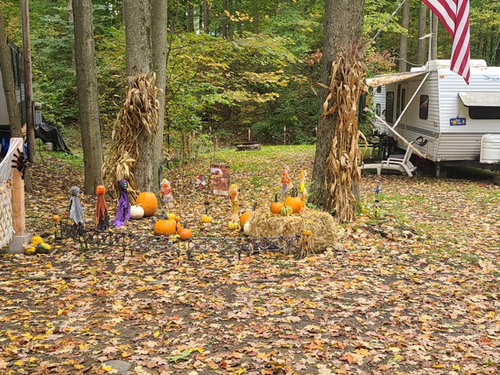 Campsite decorated with pumpkins for Halloween at Pope Haven Campground