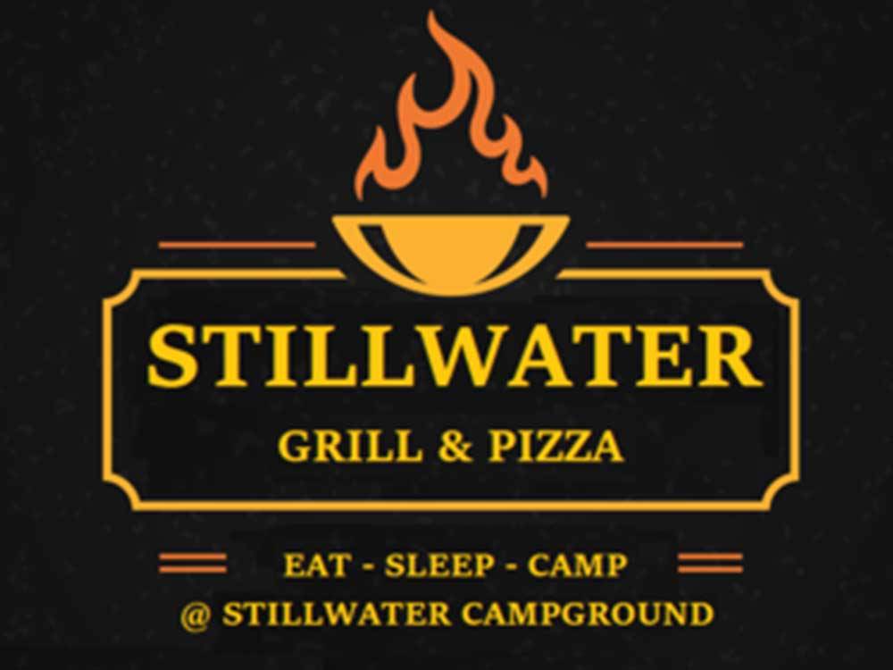 A logo of the Stillwater Grill & Pizza place at STILLWATER TENT & RV PARK