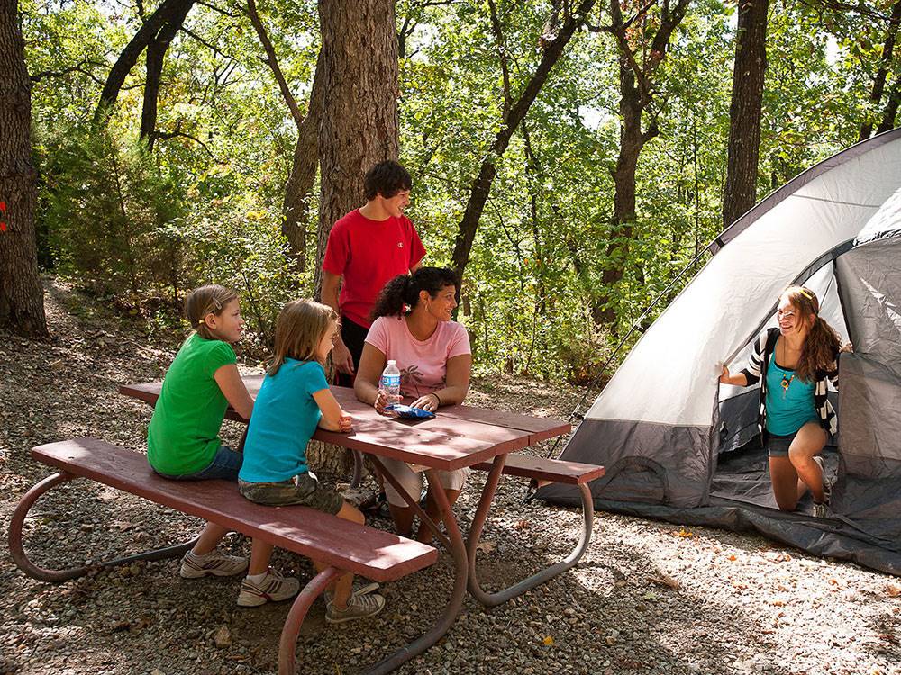 A family sitting at a picnic table at a tent site