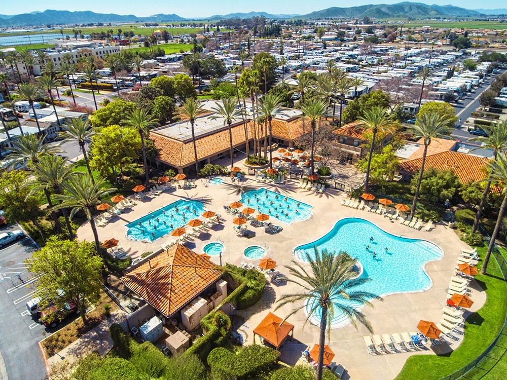 Aerial view of the swimming pools at GOLDEN VILLAGE PALMS RV RESORT