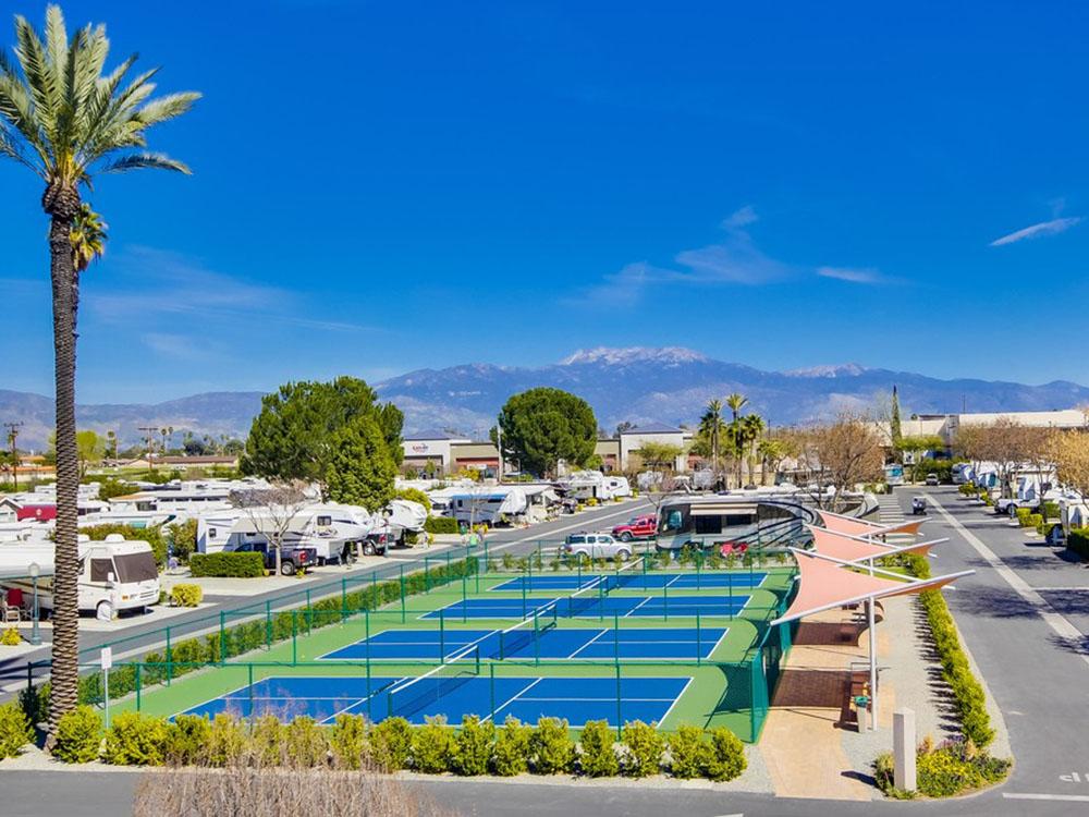 Aerial view of the pickle ball courts at GOLDEN VILLAGE PALMS RV RESORT