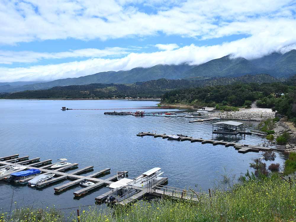View of the marina with boats docked at CACHUMA LAKE CAMPGROUND