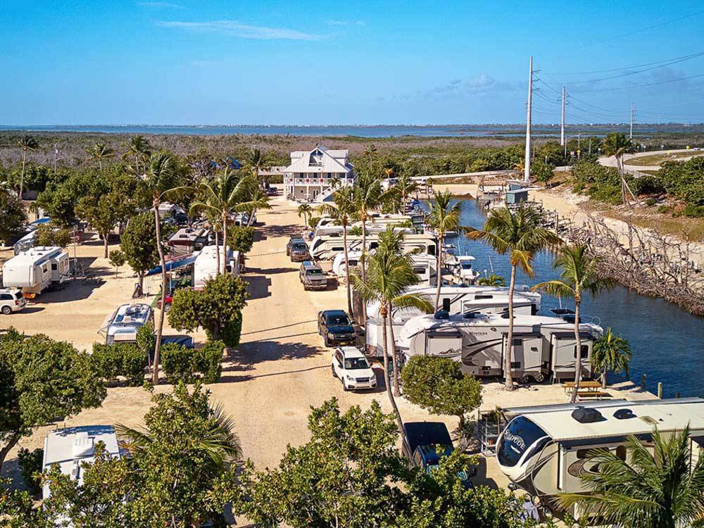 Aerial view of RV sites along the banks of a canal at BIG PINE KEY RESORT