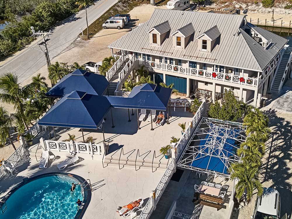 Aerial view of pool and campground building at BIG PINE KEY RESORT