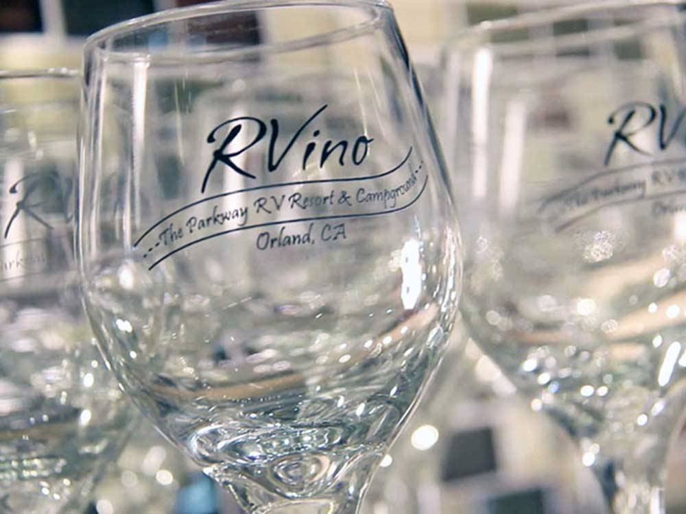 Wine glasses with the wording RVino printed on it at THE PARKWAY RV RESORT & CAMPGROUND
