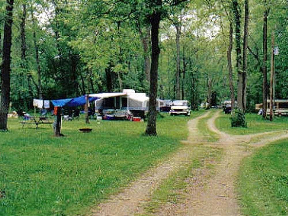 A dirt road leading to the campsites at CAMP TOODIK FAMILY CAMPGROUND, CABINS & CANOE LIVERY