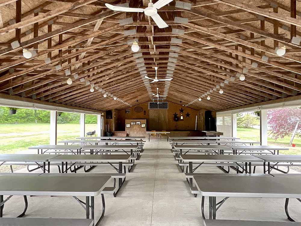 The picnic benches in the pavilion at OAK HAVEN FAMILY CAMPGROUND
