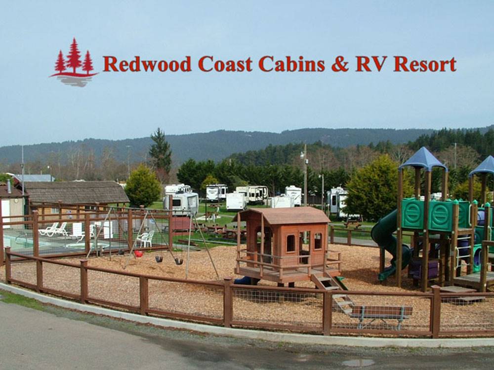 The playground equipment at REDWOOD COAST CABINS  RV RESORT