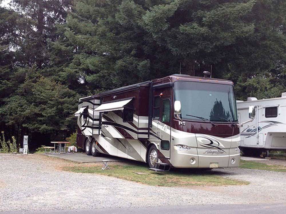 Brown, tan and white motorhome parked at VILLAGE CAMPER INN RV PARK