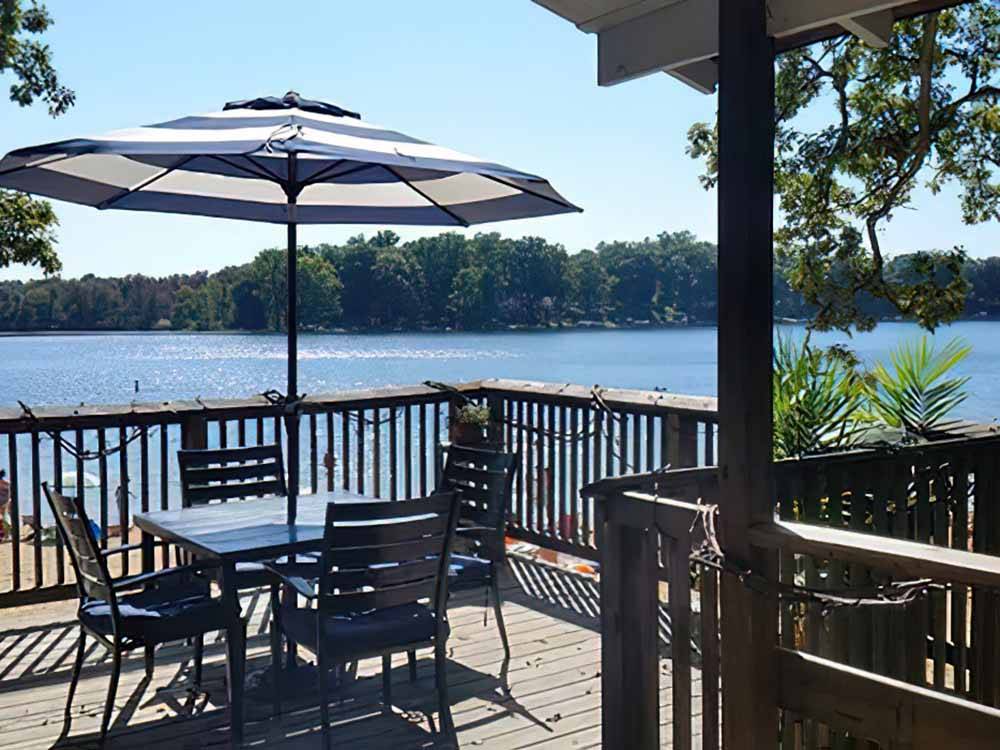 A seating area overlooking the water at FULLER'S RESORT & CAMPGROUND ON CLEAR LAKE