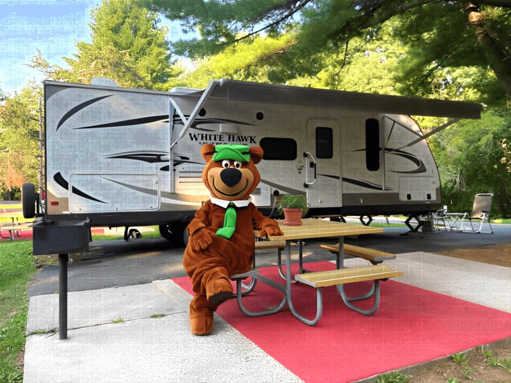 Yogi Bear at a table in an RV site