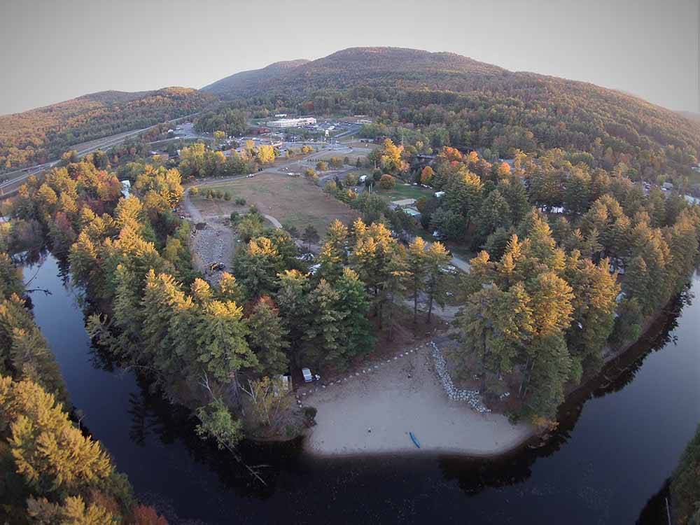 An aerial view of the beach at LAKE GEORGE RIVERVIEW CAMPGROUND