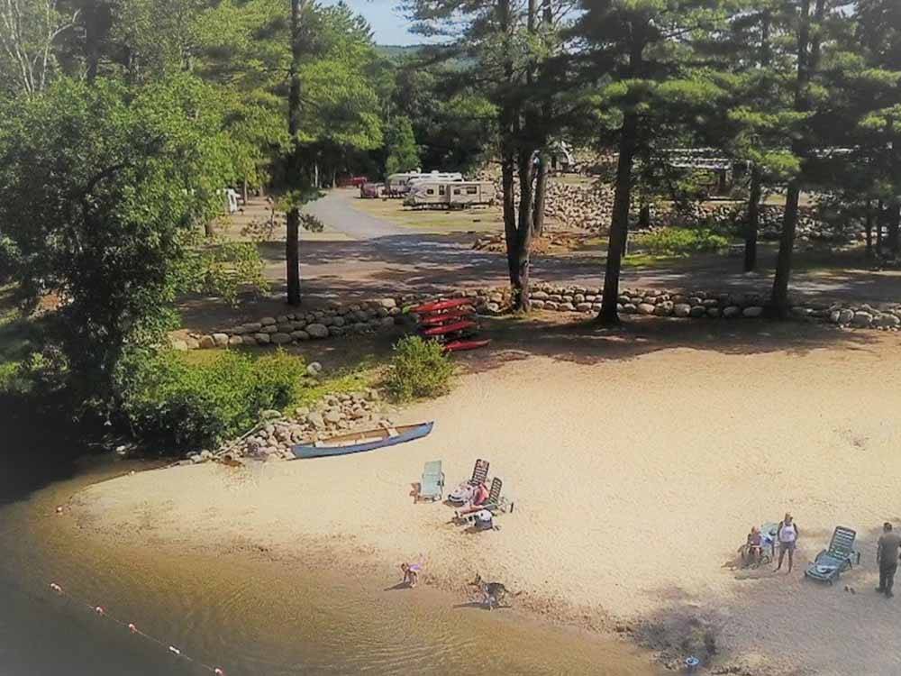 A close up aerial view of the beach at LAKE GEORGE RIVERVIEW CAMPGROUND