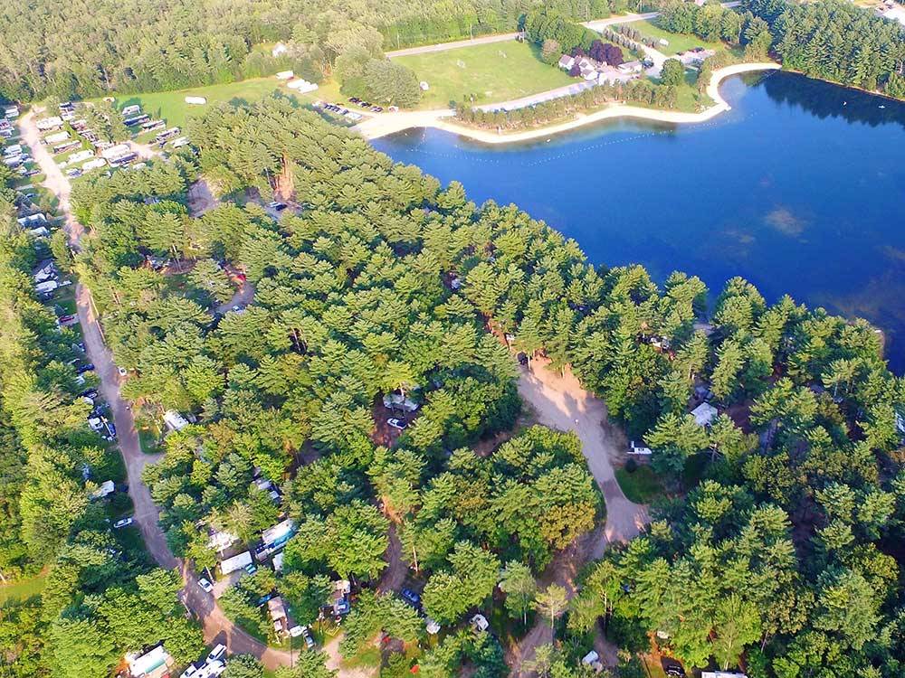 Aerial view of the campground and lake at WASSAMKI SPRINGS CAMPGROUND