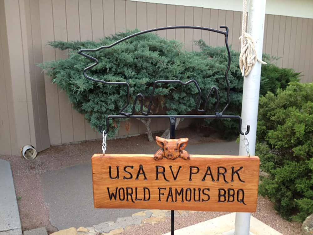 World Famous BBQ sign at entrance of registration office at USA RV PARK