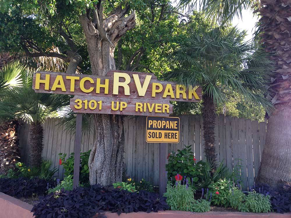 The entrance sign with the address at HATCH RV PARK